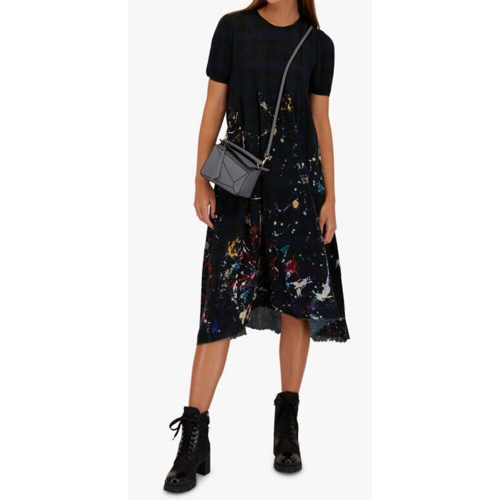 NWOT R13 Navy Plaid Paint Splatter Distressed Midi Dress Women's Medium